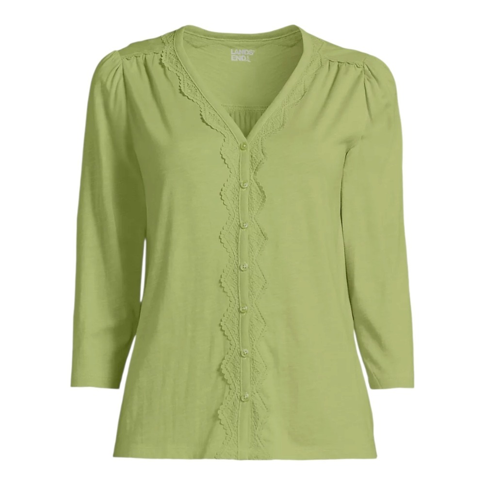 Lands End Pistachio Slub Cotton Blend Lace Trim Button Up V-neck Top Women XL